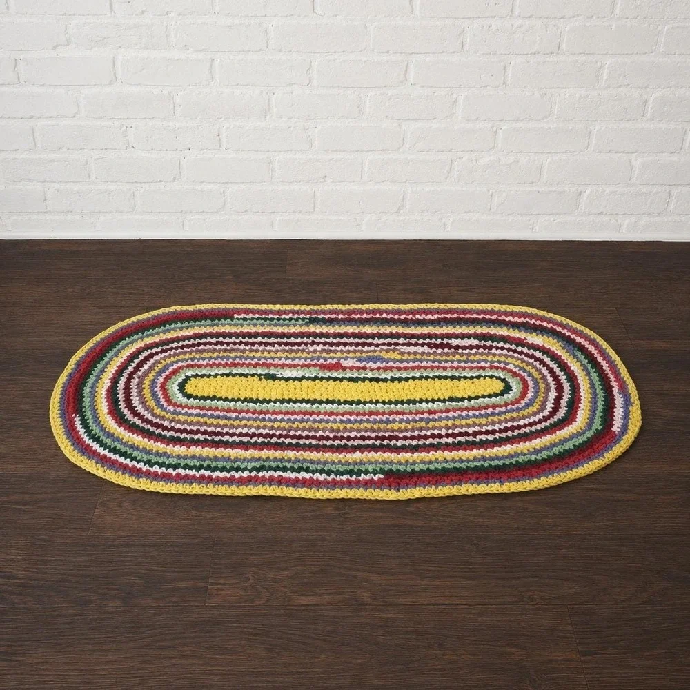 Vintage Crochet Rag Rug Oval Multicolor Striped Cottagecore Farmhouse Mat 49x23